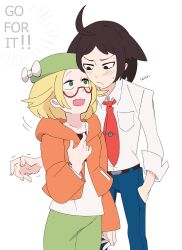 Rule 34 | 1boy, 1girl, absurdres, ahoge, bianca (pokemon), black hair, blonde hair, blush, cheren (pokemon), collared shirt, creatures (company), game freak, glasses, green eyes, green hat, green pants, hat, hetero, highres, hover hand, looking at another, necktie, nintendo, pants, pokemon, pokemon bw2, red necktie, shirt, sweat, vousser, wavy mouth, white shirt