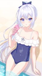 Rule 34 | 1girl, absurdres, bare arms, bare legs, bare shoulders, blue archive, blue one-piece swimsuit, blush, breasts, casual one-piece swimsuit, cellphone, collarbone, covered navel, cowboy shot, frilled one-piece swimsuit, frills, highres, holding, holding phone, long hair, looking at viewer, miyako (blue archive), miyako (swimsuit) (blue archive), no halo, off-shoulder one-piece swimsuit, off shoulder, official alternate costume, official alternate hairstyle, one-piece swimsuit, parted lips, phone, ponytail, pool, purple eyes, small breasts, smartphone, solo, sparkle, swimsuit, usamaru67pi, water, white hair