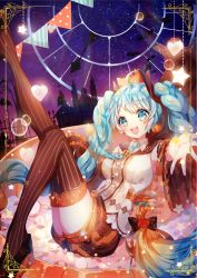 Rule 34 | 1girl, :d, ahoge, alternate costume, bat (animal), black bow, black thighhighs, blonde hair, blue eyes, blue hair, blue necktie, blush, border, bow, breasts, bubble, candy, castle, clock, detached sleeves, facial mark, flower, food, gradient hair, hair bow, halloween, hatsune miku, heart, in container, legs up, long hair, long sleeves, looking at viewer, low-tied long hair, medium breasts, multicolored hair, necktie, open mouth, orange shorts, outstretched arm, pennant, puffy shorts, red flower, red rose, rose, round teeth, shina (sbk951121), shorts, smile, solo, sparkle, spread fingers, star (symbol), string of flags, striped clothes, striped necktie, striped neckwear, striped thighhighs, tareme, teeth, thighhighs, twintails, vertical-striped clothes, vertical-striped thighhighs, very long hair, vocaloid, wide sleeves, wing collar