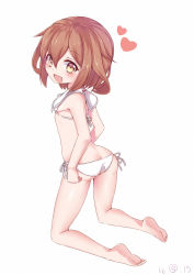 Rule 34 | 10s, 1girl, ass, barefoot, bikini, blush, breasts, brown eyes, brown hair, butt crack, child, cosplay, eyebrows, fang, feet, flat chest, from behind, full body, hair ornament, hairclip, heart, highres, ikazuchi (kancolle), kantai collection, kneeling, kotoba (1074421015), looking back, open mouth, plantar flexion, sailor bikini, sailor collar, shadow, short hair, side-tie bikini bottom, simple background, smile, solo, swimsuit, white background, white bikini, z3 max schultz (kancolle), z3 max schultz (kancolle) (cosplay)