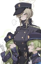 Rule 34 | ..., 3girls, black gloves, black hat, black jacket, blue archive, blush, breasts, closed eyes, closed mouth, eyepatch, flying sweatdrops, gloves, green eyes, green hair, hair between eyes, halo, hand on another&#039;s head, hat, height chart, highres, hikari (blue archive), index finger raised, jacket, large breasts, long hair, multiple girls, nozomi (blue archive), oh (aung ae), open mouth, parted lips, pointy ears, simple background, spoken ellipsis, suou (blue archive), uniform, white background, white gloves, yellow eyes