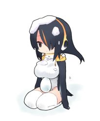 Rule 34 | 10s, 1girl, :|, arms at sides, bird tail, black hair, black jacket, black outline, breasts, brown eyes, closed mouth, drawstring, egg, emperor penguin (kemono friends), expressionless, eyelashes, full body, hair over one eye, headphones, hood, hood down, hooded jacket, jacket, kemono friends, large breasts, leotard, long hair, long sleeves, looking away, moru (monaka), multicolored hair, no nose, on head, open clothes, open jacket, orange hair, outline, penguin tail, seiza, simple background, sitting, snow, snow on head, swept bangs, tail, thighhighs, tsurime, turtleneck, two-tone hair, white background, white leotard, white thighhighs