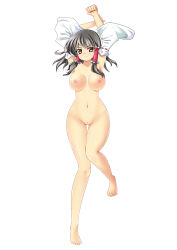 Rule 34 | &gt;:(, 1girl, absurdres, annoyed, armpits, arms up, barefoot, black hair, breasts, brown eyes, cleft of venus, detached sleeves, female focus, frown, hair tubes, hakurei reimu, highres, knees together feet apart, large breasts, looking at viewer, lying, mokkori9, navel, nipples, nude, on back, pussy, red eyes, short hair, simple background, solo, touhou, uncensored, v-shaped eyebrows, white background