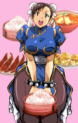 Rule 34 | 1girl, blue dress, boots, bowl, bracelet, breasts, brown eyes, brown hair, brown pantyhose, bun cover, capcom, china dress, chinese clothes, chinese food, chun-li, clothes lift, commentary request, double bun, dress, food, food request, gold trim, hair bun, jewelry, kamisimo 90, looking at viewer, medium breasts, open mouth, pantyhose, pelvic curtain, pink background, plate, puffy sleeves, sash, seiza, sitting, smile, solo, soup, spiked bracelet, spikes, street fighter, thighs