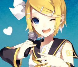 Rule 34 | bad id, bad pixiv id, blonde hair, blue eyes, chisumi, heart, kagamine rin, microphone, one eye closed, ribbon, solo, vocaloid, wink