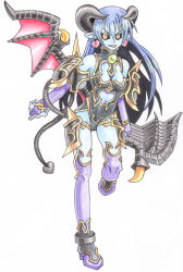Rule 34 | 1girl, astaroth (shinrabanshou), black sclera, blue skin, boots, breasts, colored sclera, colored skin, demon girl, horns, large breasts, pointy ears, purple footwear, shinrabanshou, solo, tail, thighhighs, wings