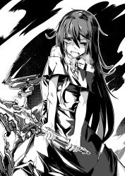 Rule 34 | 1girl, bare shoulders, blood, bloody tears, collarbone, copyright request, dress, fixro2n, greyscale, heavy breathing, highres, holding, holding sword, holding weapon, long hair, monochrome, off-shoulder dress, off shoulder, official art, one eye closed, open mouth, solo, sword, teeth, two-handed, upper teeth only, very long hair, weapon