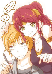 Rule 34 | 1boy, 1girl, bare shoulders, blonde hair, blouse, blue eyes, blush, breasts, forehead protector, green eyes, hand on another&#039;s head, jaune arc, jewelry, moai (moai world), necklace, pen, ponytail, pyrrha nikos, red hair, ring, rwby, shirt, smile, thought bubble