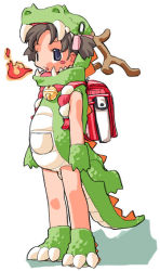 Rule 34 | bag, bell, breath weapon, breathing fire, collar, cosplay, dragon, fire, full body, najimi shin, neck bell, school bag, simple background, solo, standing, white background
