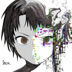 Rule 34 | 1girl, abstract, asymmetrical bangs, brown eyes, character name, closed mouth, commentary, english commentary, film grain, glitch, hair ornament, highres, igurumi 00128, iwakura lain, looking at viewer, portrait, serial experiments lain, short hair, solo, x hair ornament