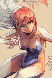 Rule 34 | 1girl, aqua eyes, birdy cephon altera, blue leotard, breasts, cleavage, clenched hand, covered erect nipples, covered navel, cowboy shot, determined, dyed bangs, elbow gloves, gloves, hairband, hungry clicker, leotard, long hair, medium breasts, multicolored hair, orange hair, red hair, sepia background, simple background, smile, solo, tetsuwan birdy, tetsuwan birdy decode, thighhighs, two-tone hair