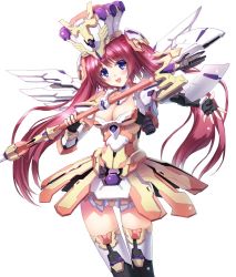 Rule 34 | 1girl, blue eyes, boots, breasts, cleavage, commentary request, fingerless gloves, gloves, hair between eyes, headgear, holding, holding weapon, kimizuka aoi, long hair, looking at viewer, mecha musume, mechanical wings, medium breasts, open hand, open mouth, original, outstretched arm, red hair, simple background, solo, thigh boots, thighhighs, twintails, weapon, white background, wings