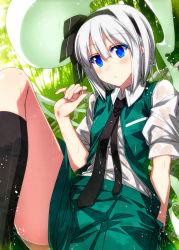 Rule 34 | 1girl, black bow, black hairband, black necktie, black socks, blue eyes, blush, bow, closed mouth, collared shirt, colored eyelashes, commentary request, dutch angle, feet out of frame, green skirt, green vest, hair between eyes, hair bow, hairband, hand up, highres, hitodama, kneehighs, konpaku youmu, konpaku youmu (ghost), looking at viewer, lying, miniskirt, necktie, on back, on ground, open clothes, open vest, outdoors, sazanami mio, shirt, short hair, short sleeves, silver hair, skirt, socks, solo, thighs, touhou, vest, water, white shirt, wing collar