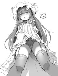 Rule 34 | 1girl, bad id, bad pixiv id, blunt bangs, blush, bow, breath, cameltoe, cleft of venus, clothes lift, crescent, crescent hair ornament, dress, dress lift, from below, garter straps, greyscale, hair bow, hair ornament, hat, heart, kedama milk, lifted by self, long hair, mob cap, monochrome, nose blush, panties, patchouli knowledge, sidelocks, simple background, solo, standing, striped clothes, striped dress, thighhighs, touhou, underwear, upskirt, white background
