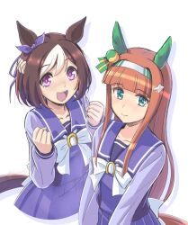 Rule 34 | 2girls, animal ears, as&#039;maria, bow, bowtie, brown hair, clenched hands, closed mouth, cropped torso, ear bow, ear covers, green eyes, hands up, horse ears, horse girl, horse tail, long hair, long sleeves, looking at viewer, multicolored hair, multiple girls, open mouth, orange hair, purple eyes, purple shirt, purple skirt, sailor collar, school uniform, shirt, silence suzuka (umamusume), skirt, special week (umamusume), tail, tracen school uniform, two-tone hair, umamusume, upper body, v ar