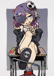 Rule 34 | 1boy, ankle socks, collarbone, commentary, desk, earrings, eyeball hair ornament, fang, hair ornament, hair over one eye, hairpin, hand on leg, headphones, highres, jewelry, male focus, nail polish, neko 860, on desk, open mouth, original, purple eyes, purple hair, shirt, shoes, simple background, sitting, on desk, skirt, skull, skull earrings, skull hair ornament, sneakers, socks, sticker, stitches, sweater, t-shirt, trap
