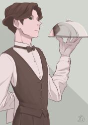 Rule 34 | 1boy, absurdres, andrew hanbridge, arm behind back, black bow, black bowtie, black pants, black vest, bow, bowtie, brown hair, butler, buttons, cowboy shot, gloves, green eyes, grey background, hair intakes, hand up, highres, holding, holding plate, lapels, little witch academia, long sleeves, looking to the side, male focus, neriko, pants, plate, profile, serving dome, shirt, sideways glance, simple background, solo, vest, white gloves, white shirt