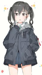 Rule 34 | 1girl, :&lt;, black hair, blue skirt, blush, brown eyes, collared shirt, diagonal-striped neckwear, gomennasai, green necktie, grey jacket, hair between eyes, hand in pocket, hood, hood down, hooded jacket, idolmaster, idolmaster cinderella girls, jacket, long sleeves, mask, mask pull, mole, mole under eye, mouth mask, necktie, pleated skirt, pulling own clothes, sharp teeth, shirt, simple background, skirt, sleeves past wrists, solo, star (symbol), striped necktie, striped neckwear, sunazuka akira, surgical mask, teeth, triangle mouth, twintails, upper teeth only, white background, white shirt