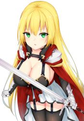Rule 34 | 1girl, arms at sides, black thighhighs, blonde hair, breasts, cape, chixiao, cleavage, cowboy shot, elbow gloves, garter straps, gauntlets, gloves, green eyes, hair between eyes, highres, holding, holding sword, holding weapon, large breasts, leaning forward, long hair, looking at viewer, original, red cape, sideboob, sidelocks, solo, standing, sword, thighhighs, weapon, white background, zettai ryouiki