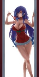 Rule 34 | 1girl, absurdres, bare arms, bare legs, breasts, commentary, crossed legs, dress, earrings, english commentary, eyes visible through hair, feet out of frame, fur-trimmed dress, fur trim, hair over one eye, highres, iris heart, jewelry, jiffic, kami jigen game neptune v, large breasts, legs, long hair, looking at viewer, neptune (series), panties, parted lips, power symbol, power symbol-shaped pupils, purple hair, red dress, red eyes, red panties, short dress, solo, standing, strap slip, symbol-shaped pupils, underwear, unworn panties, very long hair, watson cross
