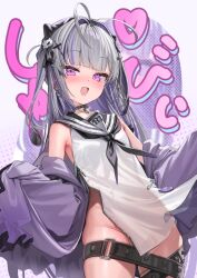 Rule 34 | 1girl, :d, antenna hair, bare shoulders, black neckerchief, black sailor collar, blush, breasts, commentary request, dress, fang, grey background, grey hair, groin, hair intakes, hair ornament, highres, indie virtual youtuber, jacket, kanzarin, long hair, long sleeves, looking at viewer, mole, mole on thigh, mole under eye, multicolored hair, neckerchief, no panties, off shoulder, open clothes, open jacket, open mouth, polka dot, polka dot background, puffy long sleeves, puffy sleeves, purple eyes, purple hair, purple jacket, safety pin, sailor collar, sailor dress, shubii (vtuber), sleeveless, sleeveless dress, sleeves past fingers, sleeves past wrists, small breasts, smile, solo, streaked hair, very long hair, virtual youtuber, white dress