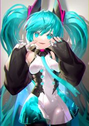 Rule 34 | 1girl, aqua eyes, aqua nails, aqua necktie, black pantyhose, breasts, cowboy shot, detached sleeves, dress, finger to cheek, finger to face, gloves, glowing, hands up, hatsune miku, long hair, looking at viewer, nail polish, necktie, pantyhose, partially fingerless gloves, pinching sleeves, sawashi (ur-sawasi), shadow, short dress, sleeves past wrists, small breasts, smile, solo, thighhighs, twintails, very long hair, vocaloid, white gloves