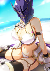 Rule 34 | 1girl, absurdres, armor, beach, bikini armor, breasts, covered face, covering face, curvy, faceless, faceless female, gloves, hand on own chest, helmet, highres, jun (princess connect!), large breasts, legs, midriff, navel, princess connect!, sunlight, tagme