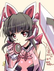 Rule 34 | 1girl, 2022, bare shoulders, black hair, breasts, dated, hair ornament, highres, kanna (plum), long hair, looking at viewer, numbered, open mouth, pink eyes, senki zesshou symphogear, signature, simple background, small breasts, solo, tsukuyomi shirabe, twintails, yellow background, yo-yo