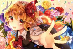 Rule 34 | 1girl, asada sadao, ascot, bad id, bad twitter id, blush, confetti, floral background, gradient background, hair ribbon, highres, long sleeves, multicolored background, open mouth, orange hair, outstretched arms, red eyes, ribbon, rumia, shirt, short hair, skirt, skirt set, smile, solo, star (symbol), touhou, vest