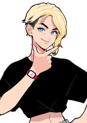 Rule 34 | 1girl, absurdres, animification, black shirt, blonde hair, blue eyes, eyebrow piercing, gwen stacy, hand up, highres, looking at viewer, marvel, midriff, nail polish, navel, okada (hoooojicha), piercing, red nails, shirt, short hair, short sleeves, simple background, smile, solo, spider-man: into the spider-verse, spider-man (series), spider-verse, undercut, upper body, white background