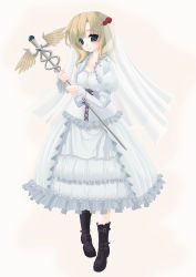 Rule 34 | 1girl, blonde hair, boots, frapowa, full body, highres, holding, knee boots, kuon (yumemi no sekai), long sleeves, looking at viewer, simple background, solo, staff, standing, wand, white background, yumemi no sekai