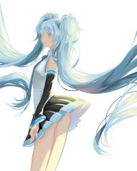 Rule 34 | 1girl, absurdres, arms at sides, ass, backlighting, bare legs, bare shoulders, black skirt, blue eyes, blue hair, blue necktie, closed mouth, clothes lift, collared shirt, colored eyelashes, detached sleeves, facing away, feet out of frame, flat chest, from side, hatsune miku, highres, legs together, light smile, lips, long hair, looking back, messy hair, necktie, pleated skirt, profile, shirt, simple background, skirt, skirt lift, sleeveless, sleeveless shirt, solo, standing, symbol in eye, tareme, twintails, very long hair, vocaloid, white background, white shirt, yukisa (6084476)