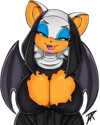 Rule 34 | 1girl, animal ears, bat ears, bat wings, breasts, cleavage cutout, clothing cutout, dalley-the-alpha, eyelashes, eyeshadow, furry, half-closed eyes, highres, huge breasts, looking at viewer, makeup, naughty face, nun, open mouth, rouge the bat, simple background, smile, solo, sonic (series), standing, teeth, tongue, tongue out, torn clothes, upper body, white background, wings