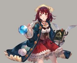 Rule 34 | 1girl, angry, atelier (series), atelier sophie, bag, benitama, book, brown eyes, brown hair, coat, corset, flask, frilled skirt, frills, holding, holding flask, jewelry, necklace, open mouth, plachta, round-bottom flask, short hair, simple background, skirt, solo, sophie neuenmuller, wings