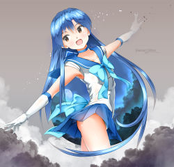 Rule 34 | 1girl, bishoujo senshi sailor moon, blue bow, blue hair, blue skirt, bow, bowtie, brown eyes, character name, cloud, cosplay, cropped legs, elbow gloves, floating hair, gloves, grey background, head tilt, highres, idolmaster, idolmaster (classic), kisaragi chihaya, leotard, long hair, miniskirt, ns.x, open mouth, outstretched arms, pleated skirt, sailor collar, sailor mercury, sailor mercury (cosplay), shiny skin, shirt, skirt, sleeveless, sleeveless shirt, solo, very long hair, white gloves, white shirt
