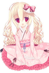 Rule 34 | 1girl, :d, animal ears, blonde hair, rabbit ears, frills, hair ornament, japanese clothes, lolita fashion, long hair, looking at viewer, open mouth, original, red eyes, sitting, smile, solo, sumii, wa lolita