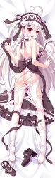 Rule 34 | 1girl, ahoge, ass, bad id, bad pixiv id, bed, black dress, blush, breasts, breasts out, dakimakura (medium), dress, embarrassed, fingernails, from behind, full body, heart, heart ahoge, highres, kotetu han, long hair, looking back, lying, nail polish, niliu chahui, nipples, no panties, on stomach, open mouth, original, pantyhose, red eyes, ribbon, shoes, silver hair, skirt, solo, toes, tokisaki mio (niliu chahui), torn clothes, torn pantyhose, twintails, two side up, unworn shoes, unworn skirt, very long hair, white pantyhose