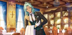 Rule 34 | 1boy, afterl!fe, arm behind back, bowing, butler, candlestand, dark-skinned male, dark skin, day (afterl!fe), formal, gloves, green eyes, green hair, highres, long sleeves, looking at viewer, male focus, official art, second-party source, solo, suit