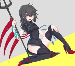 Rule 34 | 1girl, alternate costume, asymmetrical wings, bad id, bad pixiv id, black dress, black hair, black thighhighs, breasts, china dress, chinese clothes, dress, high heels, houjuu nue, long hair, medium breasts, niwa (njy), pelvic curtain, polearm, red eyes, red footwear, shoes, short sleeves, smile, snake, solo, thighhighs, touhou, trident, weapon, wings