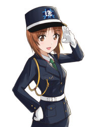 Rule 34 | 10s, 1girl, aiguillette, alternate costume, bad id, bad tumblr id, belt, black hat, black jacket, black skirt, brown eyes, brown hair, commentary request, dress shirt, emblem, girls und panzer, gloves, green necktie, hand on own hip, hat, highres, jacket, long sleeves, looking at viewer, necktie, nishizumi miho, ooarai (emblem), open mouth, police, police hat, police uniform, policewoman, salute, shako cap, shamakho, shirt, short hair, simple background, skirt, smile, solo, standing, uniform, upper body, white background, white belt, white gloves, white shirt, wing collar