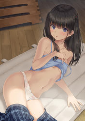 Rule 34 | 1girl, :o, bare arms, bare shoulders, black hair, blue eyes, blue shirt, blue skirt, blush, breasts, camisole, clothes lift, clothes pull, collarbone, cropped, groin, highres, long hair, looking at viewer, mat, miniskirt, navel, non-web source, original, panties, parted lips, plaid, plaid skirt, pleated skirt, shirt, shirt lift, sidelocks, skirt, skirt pull, sleeveless, sleeveless shirt, small breasts, solo, stomach, strap slip, thighs, two side up, unasaka ryou, underwear, vaulting horse, white panties, wooden floor
