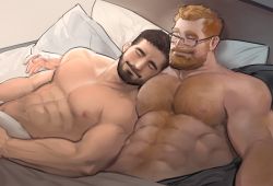 Rule 34 | 2boys, abs, arm hair, bara, bare pectorals, beard, bed sheet, black-framed eyewear, chest hair, couple, dopey (dopq), facial hair, glasses, hairy, large pectorals, male focus, mature male, multiple boys, muscular, muscular male, mustache, naked sheet, navel, navel hair, nipples, on bed, orange hair, original, pectoral pillow, pectorals, short hair, sleeping, sleeping on person, smile, stomach, thick eyebrows, yaoi