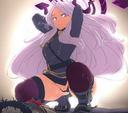 Rule 34 | 1girl, arms up, backlighting, blue archive, boots, breasts, cape removed, cleft of venus, commentary, commission, gluteal fold, halo, highres, hina (blue archive), horns, long hair, looking at viewer, looking to the side, mole, mole on pussy, partially visible vulva, purple eyes, purple hair, pussy, pussy juice, pussy juice drip, skirt, slit pupils, solo, squatting, steaming body, thick thighs, thighhighs, thighs, uniform, woomochi