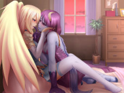 Rule 34 | 2girls, aion, angel, angel and devil, asmodian, bed, bedroom, blonde hair, blue eyes, blue skin, blush, breasts, bridal gauntlets, cleavage, colored skin, demon girl, elyos, finger in another&#039;s mouth, gloves, highres, horns, large breasts, looking at another, monster girl, multiple girls, parted lips, purple eyes, purple hair, sitting, thighhighs, wings, yuri