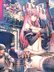 Rule 34 | 1girl, 6+boys, aoi subaru, armor, barrel, box, breasts, cannon, castle, cat, cleavage, crown, detached sleeves, elbow gloves, flower, fur, giant, giantess, gigandal federation, gloves, highres, jewelry, large breasts, long hair, midriff, multiple boys, navel, necklace, pink hair, pixiv fantasia, pixiv fantasia 3, plant, polearm, skull, sword, thighhighs, vines, weapon