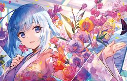 Rule 34 | 1girl, blue hair, breasts, bug, butterfly, commentary, floral print, flower, hair between eyes, hands up, holding, holding flower, insect, japanese clothes, kagachi saku, kimono, long hair, long sleeves, looking to the side, lowres, open mouth, original, pink kimono, purple eyes, see-through, see-through sleeves, sidelocks, solo, upper body, very long hair, wide sleeves