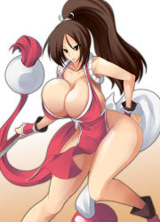 Rule 34 | 1girl, bare shoulders, breasts, brown eyes, brown hair, bursting breasts, curvy, female focus, fingerless gloves, gloves, huge breasts, japanese clothes, long hair, no panties, ponytail, shiranui mai, solo, standing, the king of fighters, umino mokuzu (a4 size), wide hips