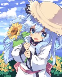 Rule 34 | 10s, 1girl, black ribbon, blue eyes, blue hair, blush, cloud, day, dress, flower, hair between eyes, hair ribbon, hat, highres, holding, holding flower, long hair, long sleeves, looking at viewer, noel (sora no method), normaland, open mouth, ribbon, smile, solo, sora no method, straw hat, sunflower, two side up, white dress