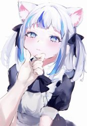 Rule 34 | 1girl, 1other, absurdres, animal ears, apron, black bow, black bowtie, black dress, blue eyes, blue hair, blush, bow, bowtie, cat ears, closed mouth, dress, gawr gura, grabbing another&#039;s chin, hand on another&#039;s chin, highres, hololive, hololive english, looking at viewer, maid, medium hair, mile (off8mile), multicolored hair, puffy short sleeves, puffy sleeves, short sleeves, solo focus, streaked hair, twintails, virtual youtuber, white apron, white hair