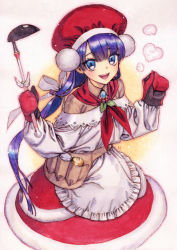 Rule 34 | 1girl, apron, belt, blue eyes, blunt bangs, blush, breasts, brooch, brown shirt, fate/grand order, fate (series), fur trim, hat, jewelry, ladle, long hair, long sleeves, looking at viewer, martha (fate), martha (santa) (fate), medium breasts, mittens, na222222, off shoulder, open mouth, pouch, purple hair, red hat, red skirt, santa hat, shirt, skirt, smile, solo, white apron